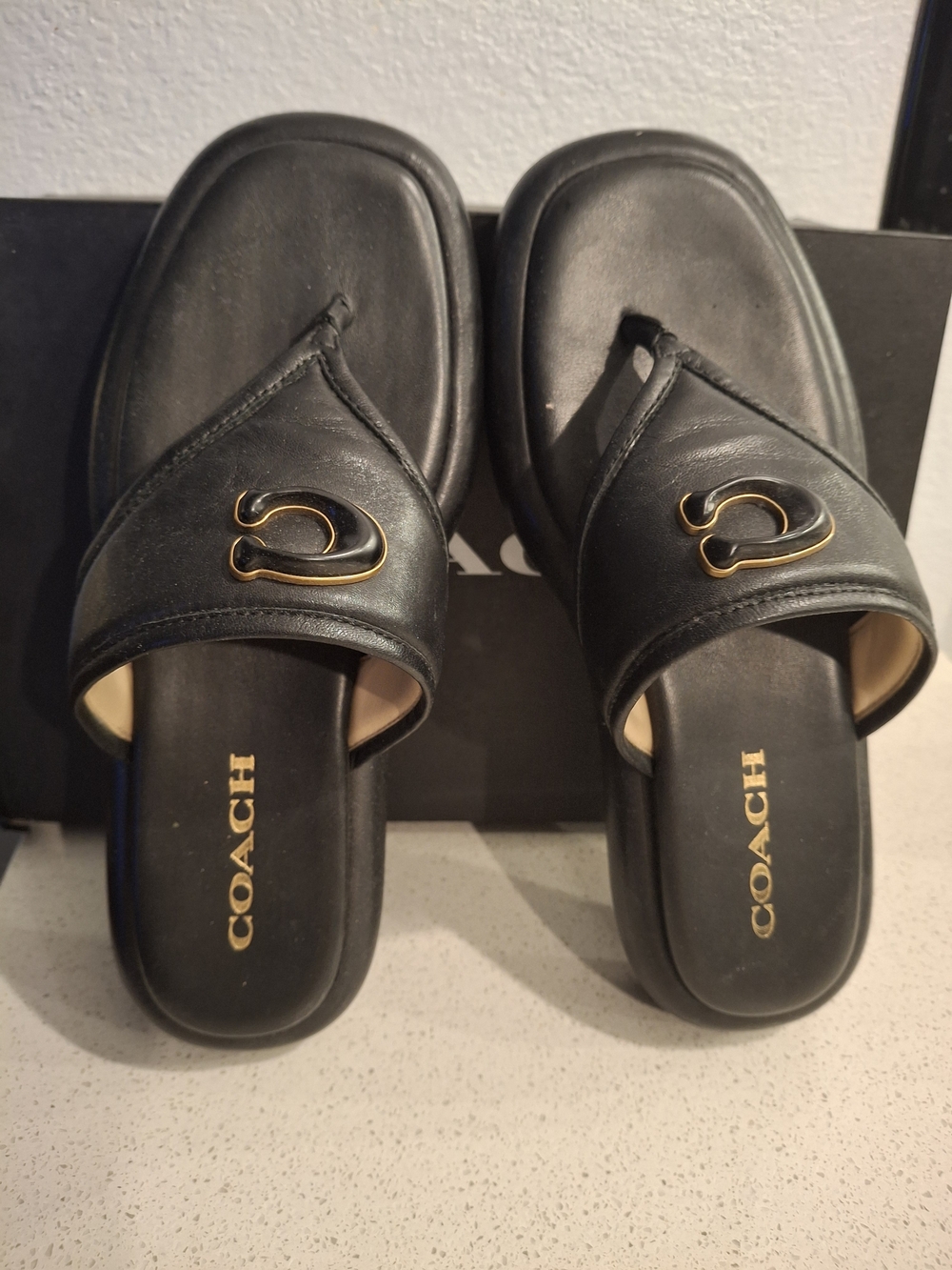 Coach Black Leather Slide Sandals with Gold Hardware